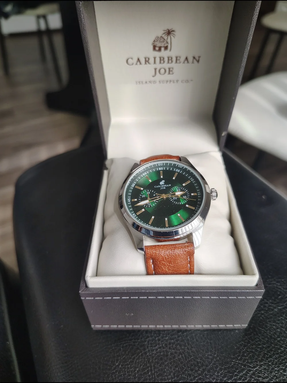 Caribbean Joe Green Dial Leather Strap Watch